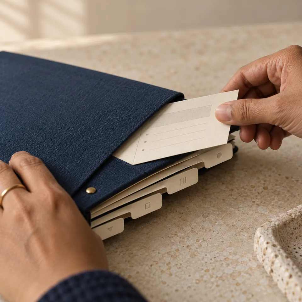 Hands reopen a navy folder containing worksheets and a weekly action card.