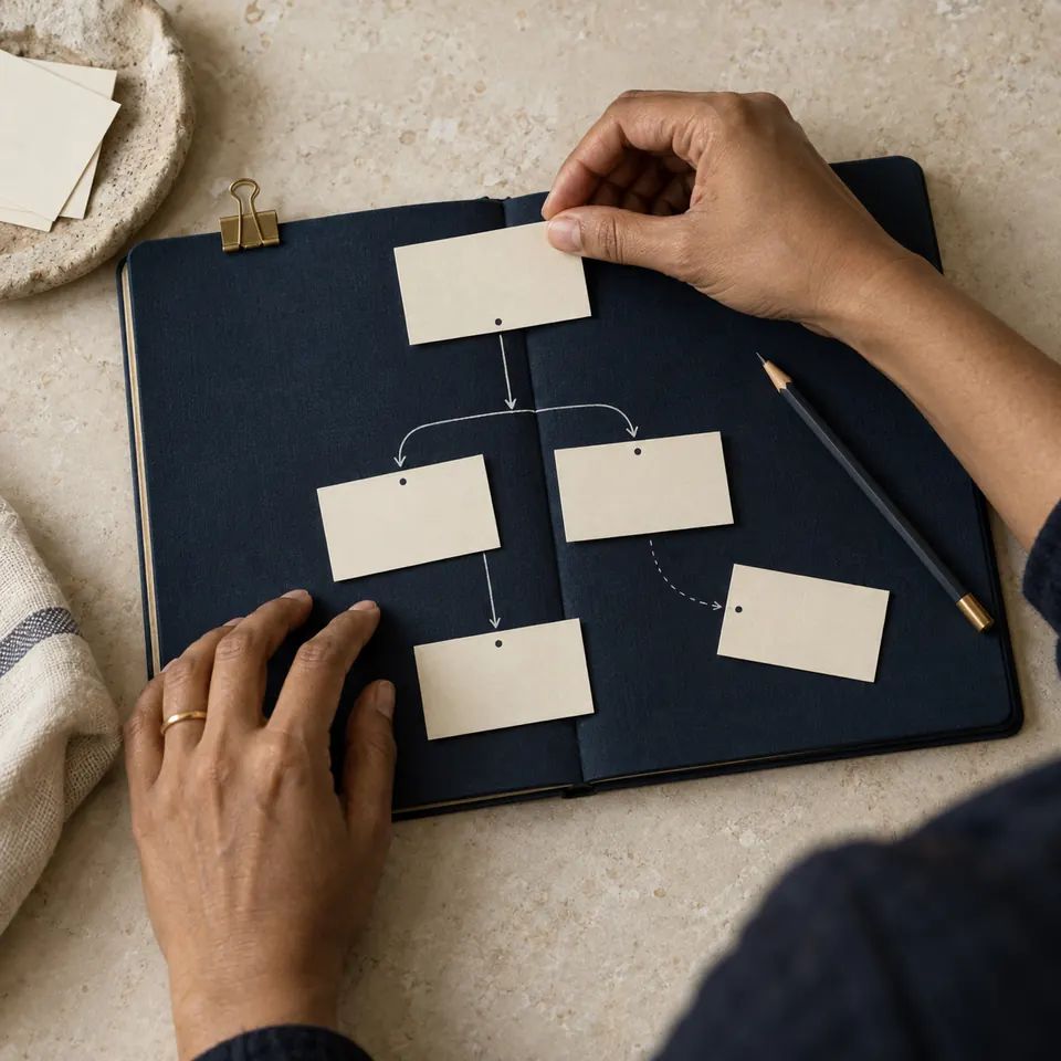 Hands arrange a few paper notes to trace how a decision depends on others.