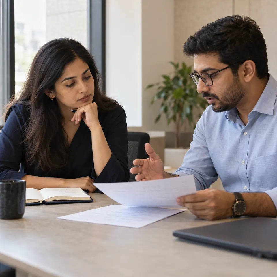 Two colleagues compare notes while discussing the needs of their working relationship.